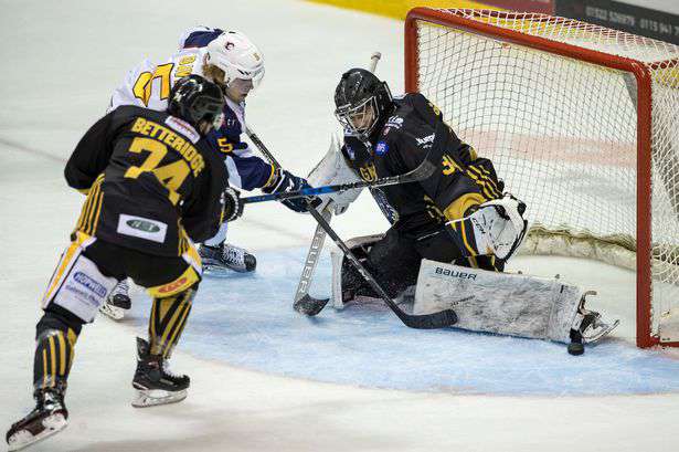 Nottingham Panthers ice hockey team player Michael Garnett defending against a goal