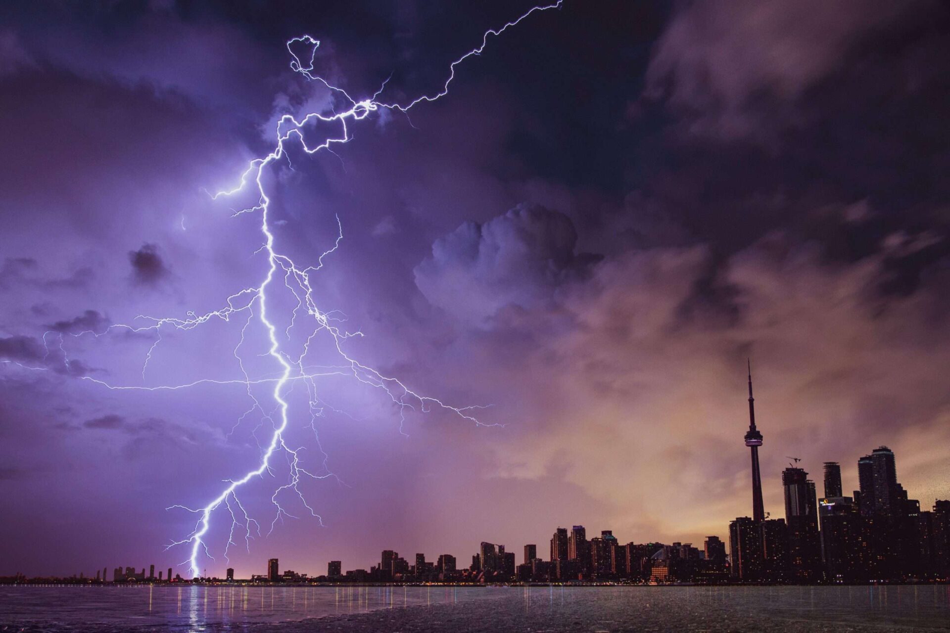 Landscape of Seattle showing a lightning bolt striking