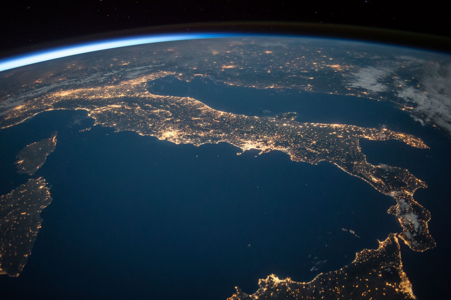 The earth as shown from space showing italy lit up