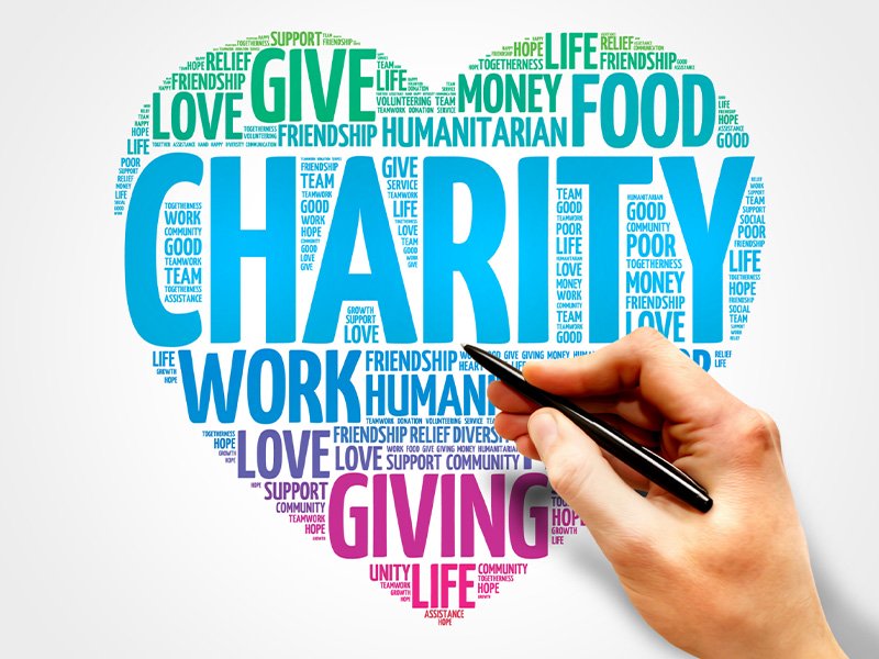 Graphic showing the word charity in a heart made up of other words like give, life, and love