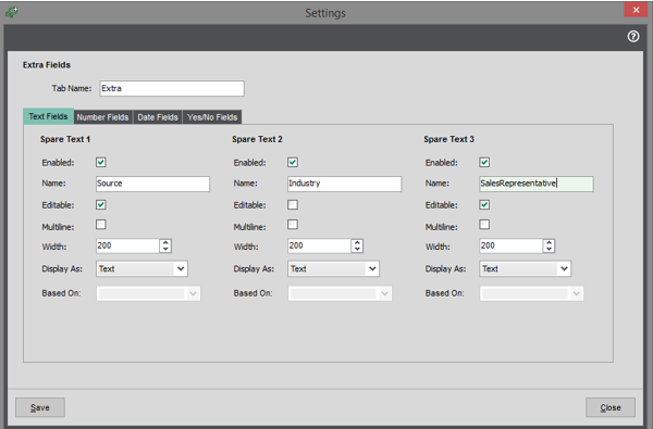 Screenshot showing an add on module for spare fields in Sage 200