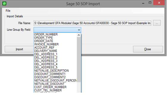 Screenshot showing Sage 50 SOP import software