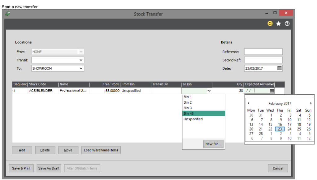 Screenshot showing a new transfer being entered