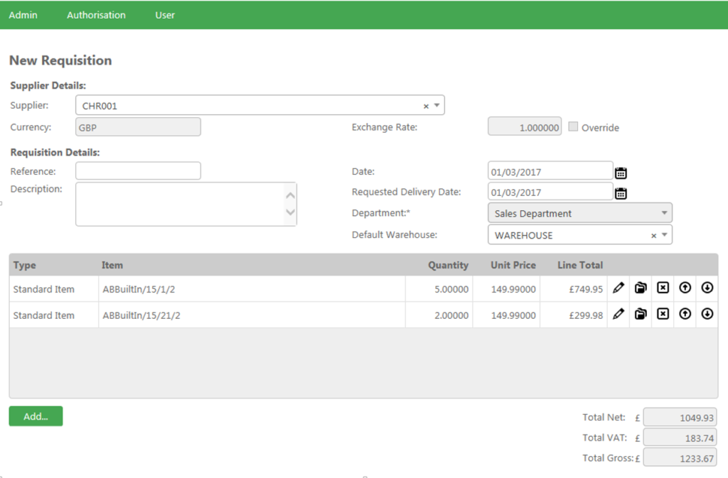 Screenshot showing purchase requisition screen in Sage 200