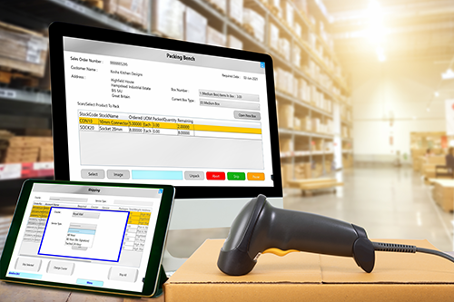 Datalinx graphic showing a barcode scanner and computers running the software inside a warehouse