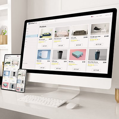 ecommerce website running on a computer, tablet and mobile phone