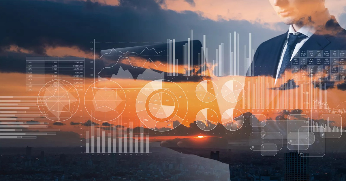 Graphic of sunset with graphs and charts on top