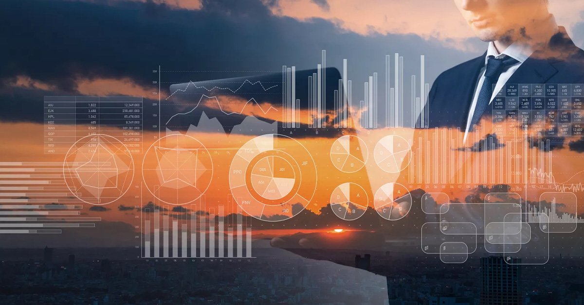 Graphic of sunset with graphs and charts on top