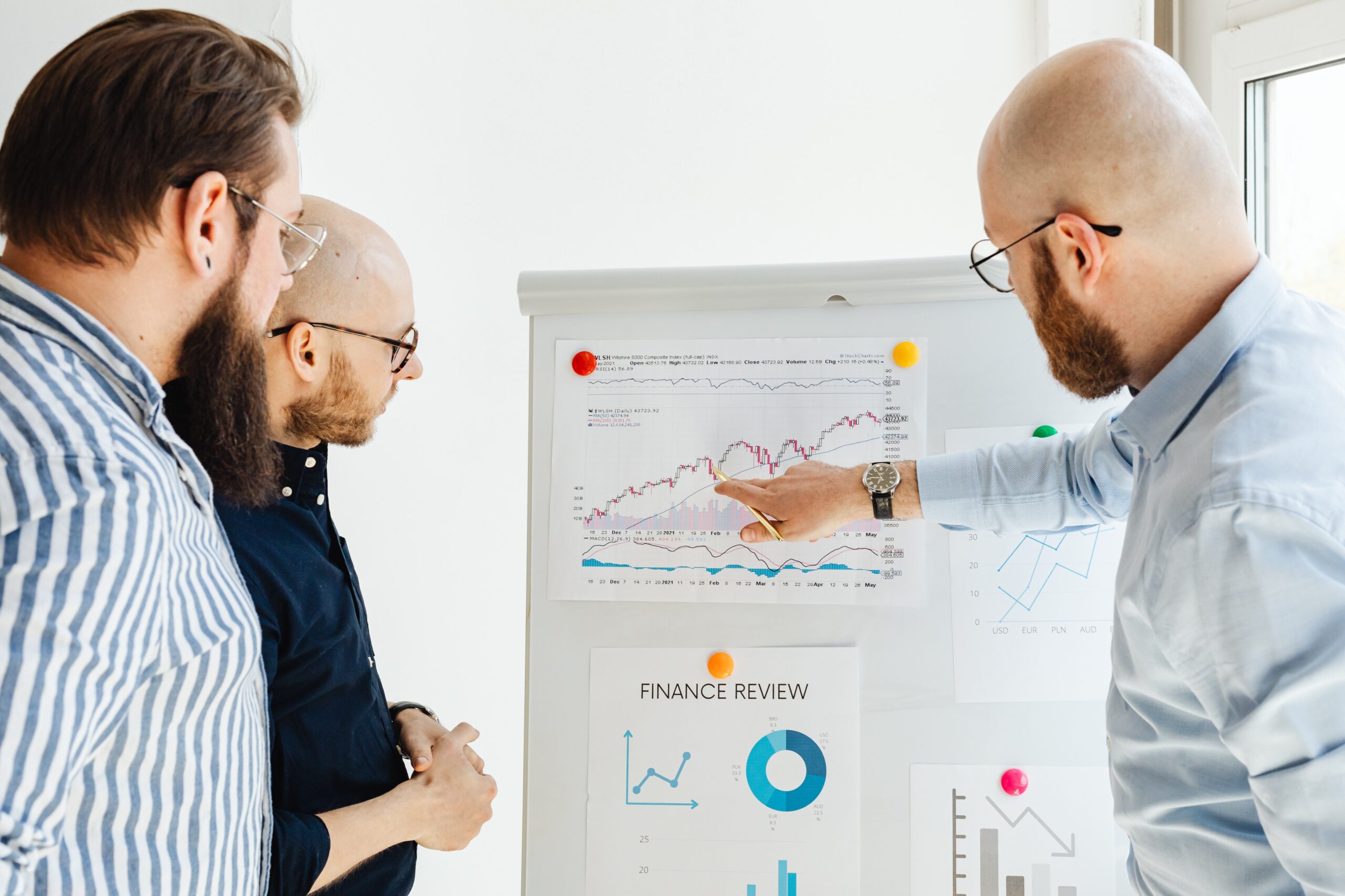 Three business men pointing at financial charts titled Finance Review