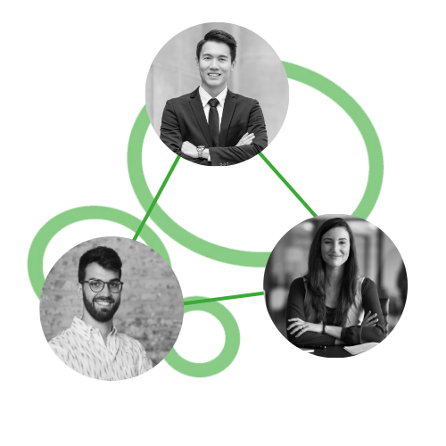 Graphic showing black and white photos of Solutions' employees on a symbol of green circles in the background