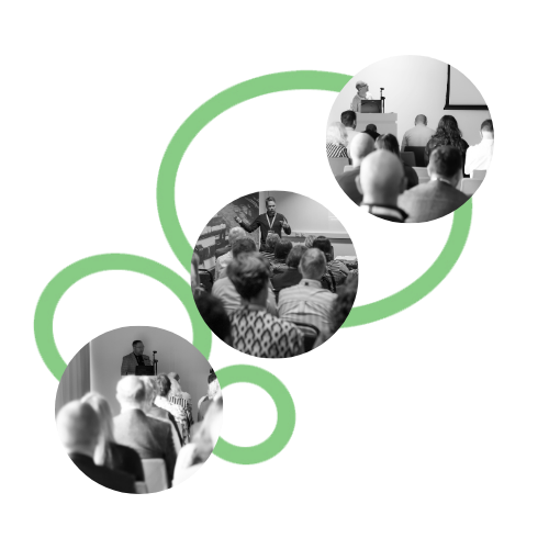 Graphic showing black and white photos of Solutions' employees on a symbol of green circles in the background