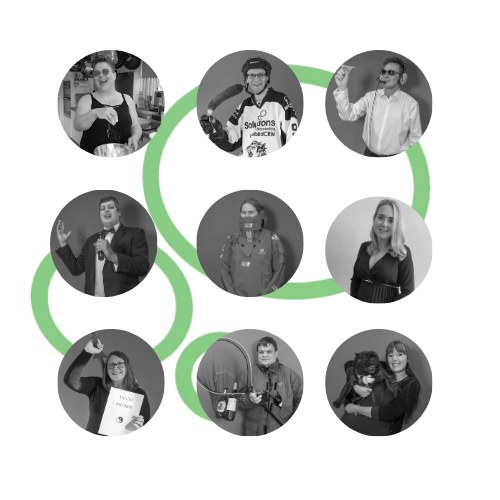Graphic showing black and white photos of Solutions' employees on a symbol of green circles in the background