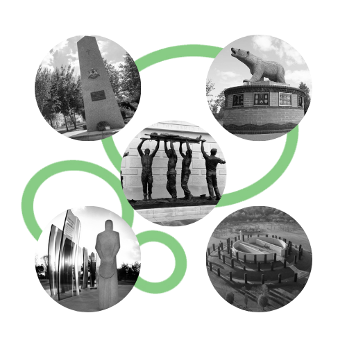 Graphic showing black and white photos of Solutions' employees on a symbol of green circles in the background