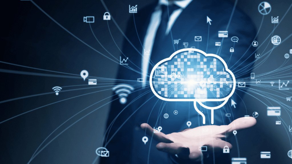 Graphic showing a man holding his hand out with a brain shape with connections coming out of it to business logos