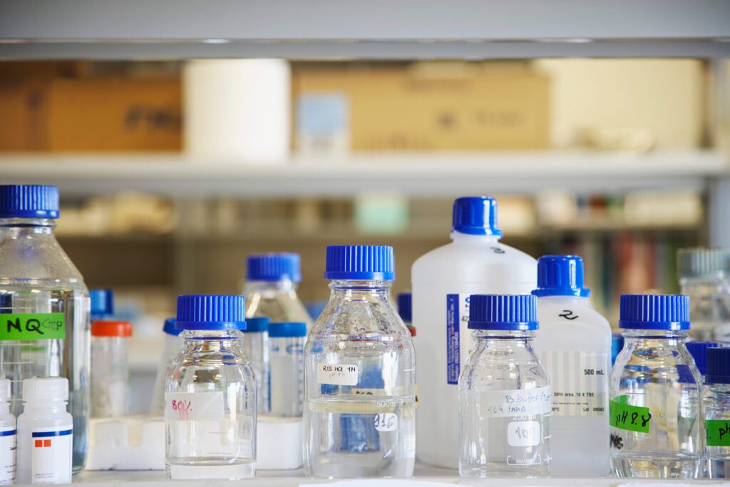 Collection of jars and bottles in a laboratory setting