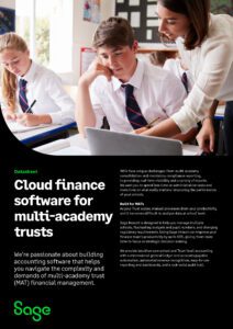 Front cover of Sage Intacct for Education brochure with text 'Cloud finance software for multi-academy trusts' as well as much more text
