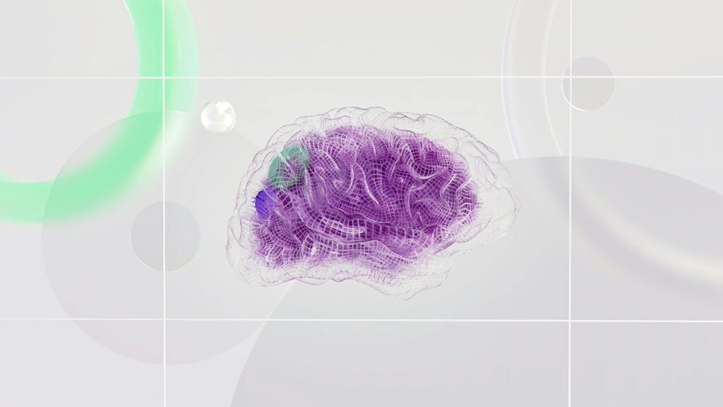 Brain made of purple synthetic material in a liminal white space representing artificial intelligence