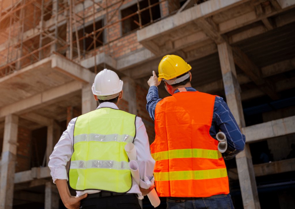 Two construction workers wearing hard hats and hi-vis jackets looking at a building