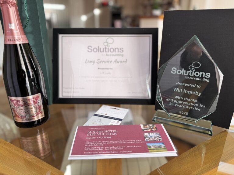 Awards and appreciation certificate awarded to Will Ingleby for over 20 years service for Solutions for Accounting