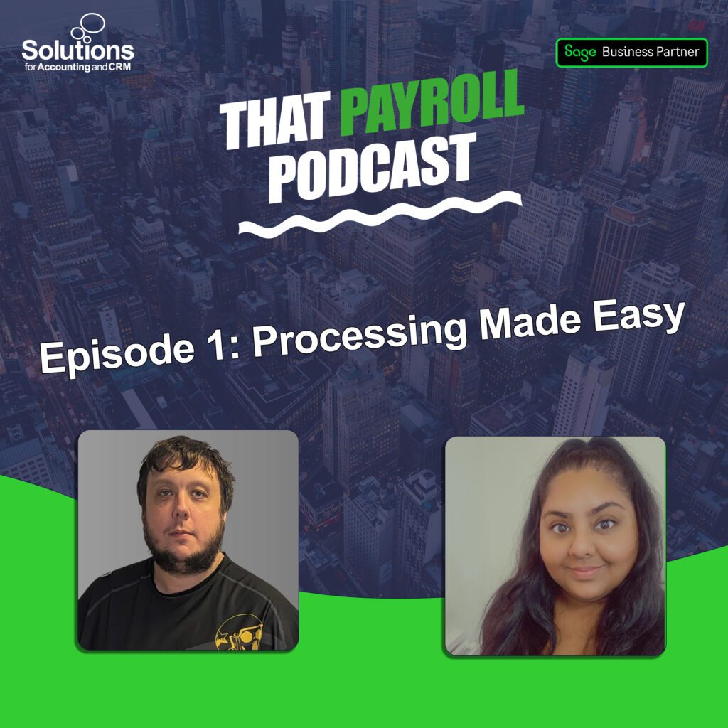 Graphic for Solutions' Payroll podcast called 'That Payroll Podcast', showing an image of Neil Larsen and Jas Kaur