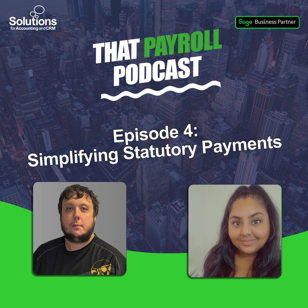 Graphic for Solutions' Payroll podcast called 'That Payroll Podcast', showing an image of Neil Larsen and Jas Kaur