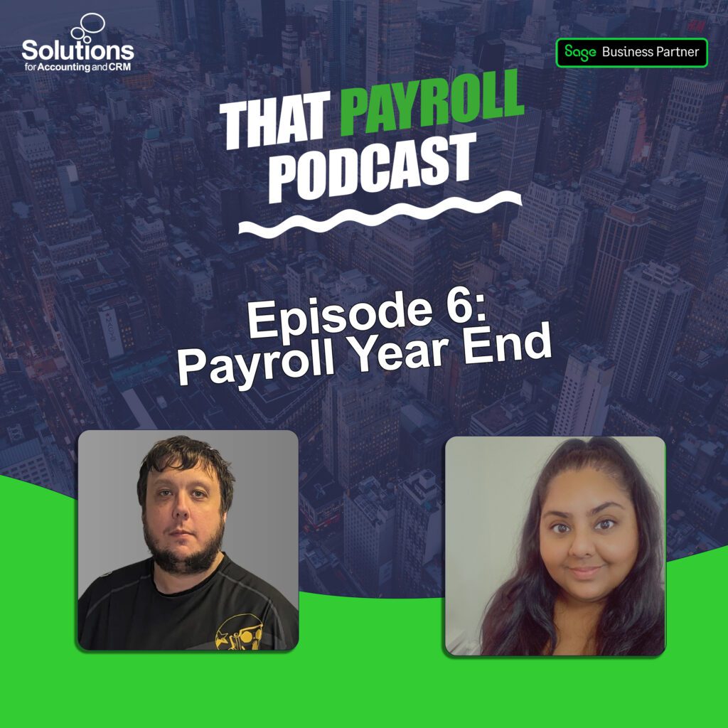Graphic for Solutions' Payroll podcast called 'That Payroll Podcast', showing an image of Neil Larsen and Jas Kaur