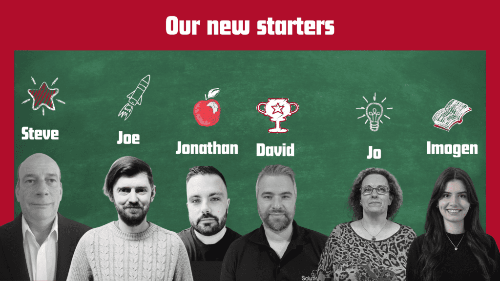 An image showing each new team member at Solutions for Accounting. Each image is placed on top of a school chalkboard with chalk doodles above each of their names.
