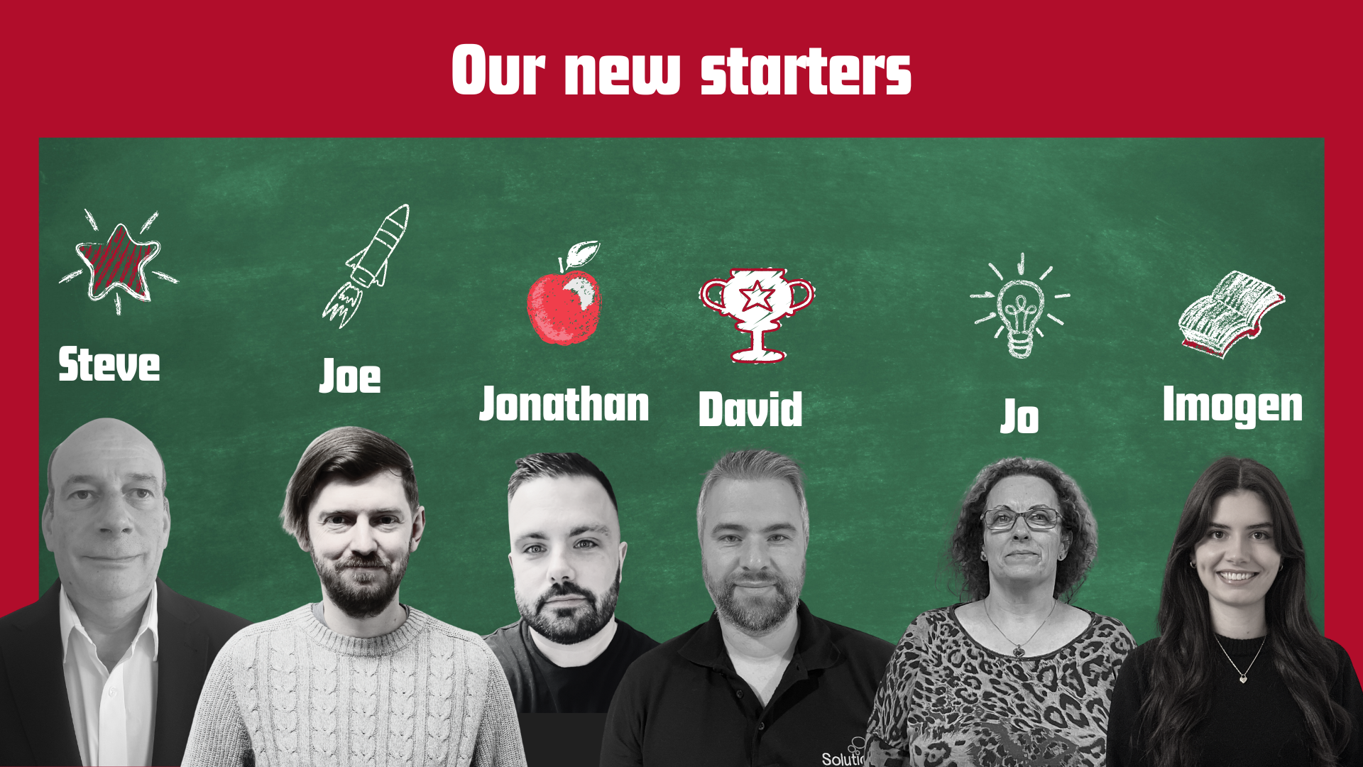 An image showing each new team member at Solutions for Accounting. Each image is placed on top of a school chalkboard with chalk doodles above each of their names.