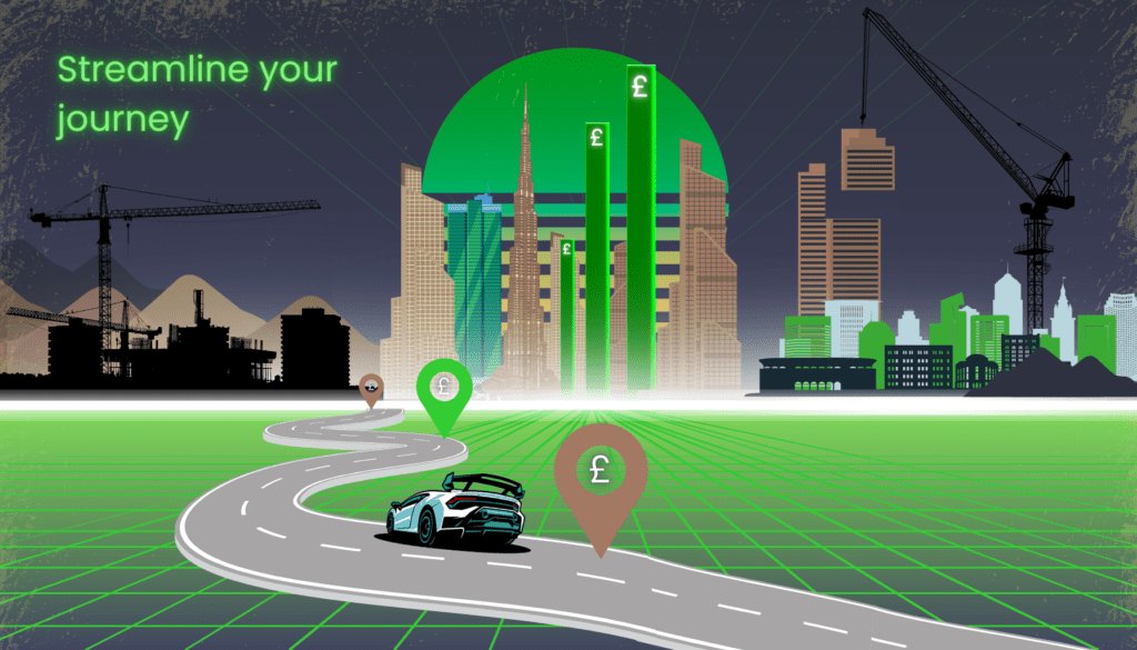 This graphic design shows an end-to-end journey. A car is travelling along a road towards a city. Cranes and construction sites are also along the skyline.