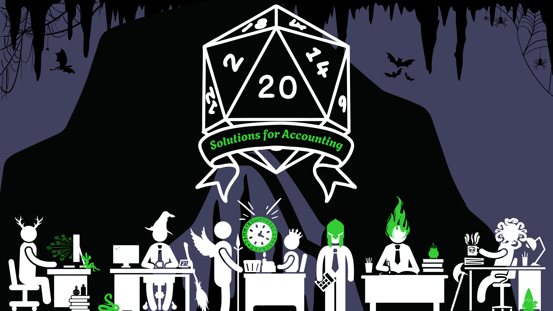 A graphic art piece with a backdrop of a spooky cake with bats, spiders, and hanging stalactites. In the foreground are office workers in a minimalist style, similar to the logo for the American version of The Office with fantasy dressing, such as wizard hats, flames, axes, and accompanying fairies.