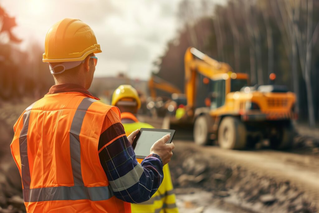 Sage Intacct for Construction - Construction worker in high-visibility vest using tablet on site with heavy machinery in the background. Technology integration in construction.