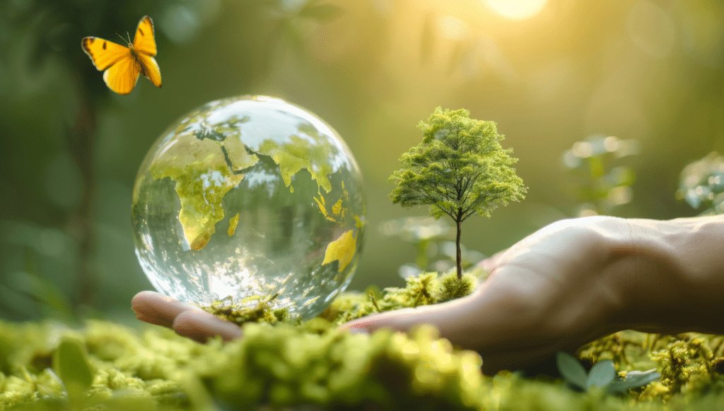 A hand holds a glass globe set against a mossy backdrop. A miniature tree is growing out of the palm and a butterfly flutters around the globe.