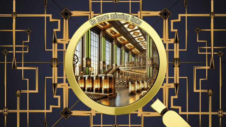 A graphic design in art deco style, which shows a magnifying glass giving visibility into a manufacturing factory. The slogan "no more missing links" curves around the top of the frame.