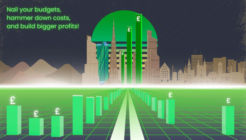 A retro-style graphic showing a path leading to a city skyline with the tagline "Nail your budgets, hammer down costs, and build bigger profits!"