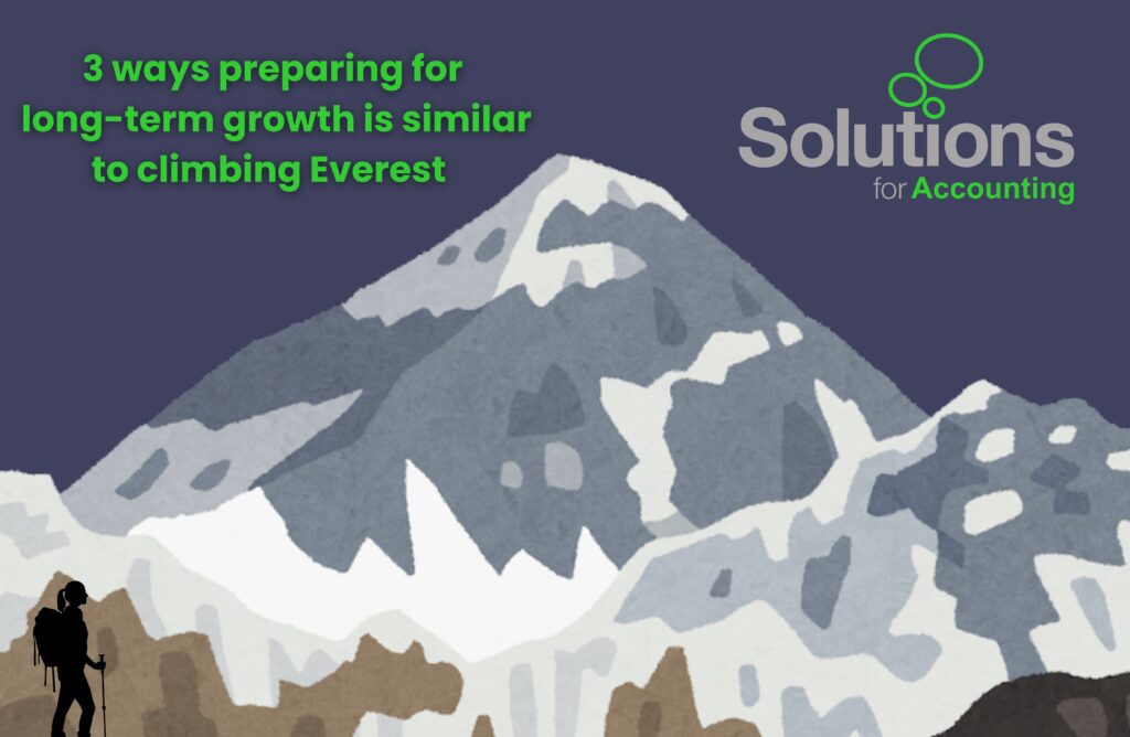 A graphic image of the Himalaya mountains with a silhouette of a climber in the foreground. The article’s title and the Solutions for Accounting logo appear above the mountain range.