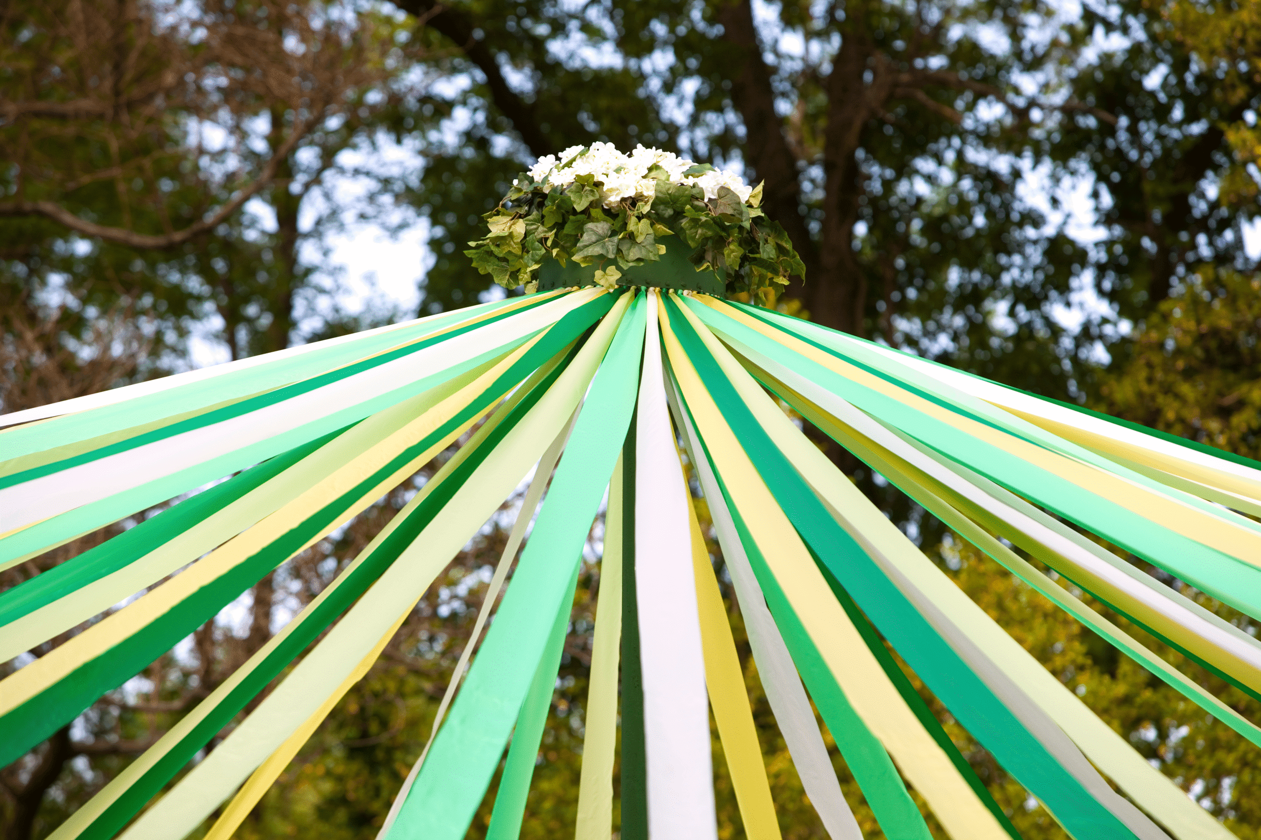 A close-up shot of the top of a May Day pole with coloured ribbons coming down from the top. There are trees in the background.