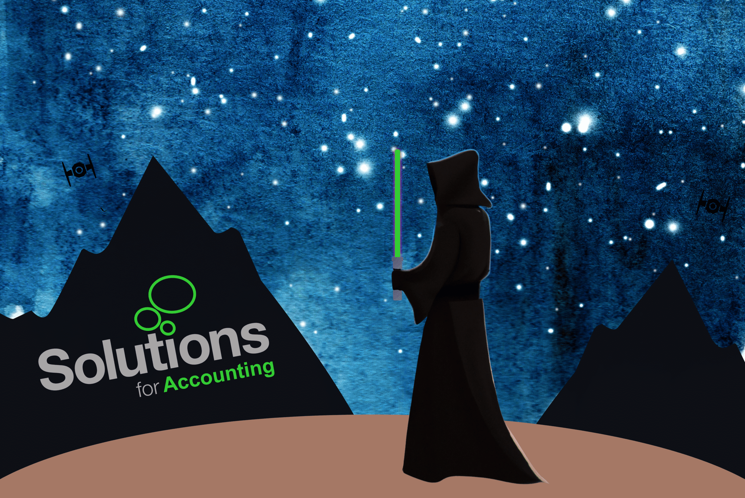 A graphic design image of a cloaked Jedi with a green lightsaber standing against a starry night backdrop on a mountainous desert planet for Star Wars Day.