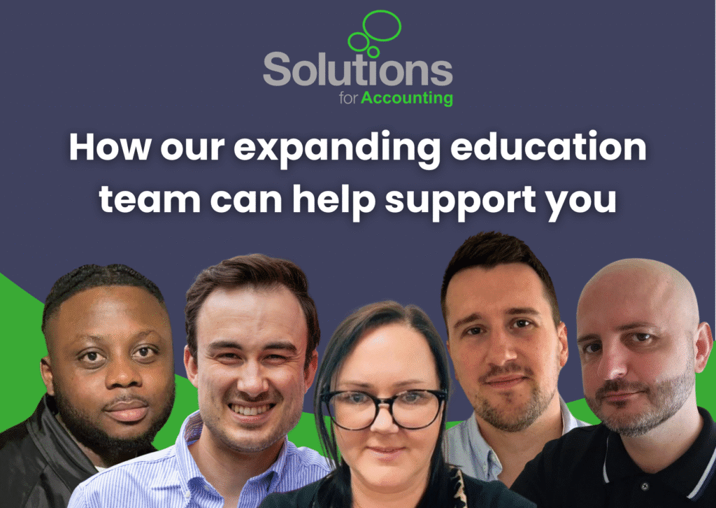 Five professionals, four men and a woman, are looking forwards. They appear in front of a dark blue and green graphic backdrop with an article title and company logo.