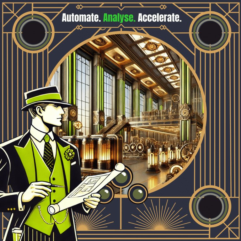 A graphic design shows a detective inspecting a manufacturing factory set within an Art Deco frame. The tagline "Automate. Analyse. Accelerate." is at the top of the graphic.