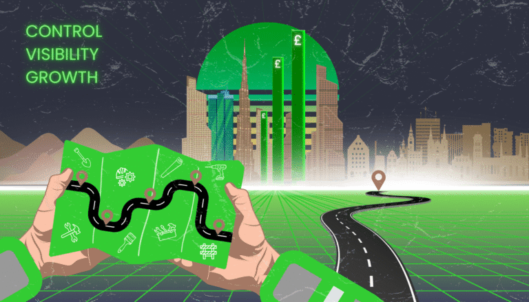 A retro-style graphic showing a road leading to a city. A construction worker is holding a roadmap in the forefront, which shows the direction he needs to go to gain control, visibility, and growth.