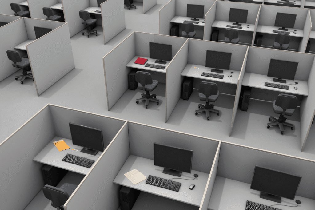 An elevated view of a bleak office space filled with tightly packed cubicles. Each cubicle is very narrow and contains a simple desk, computer, and desk chair.