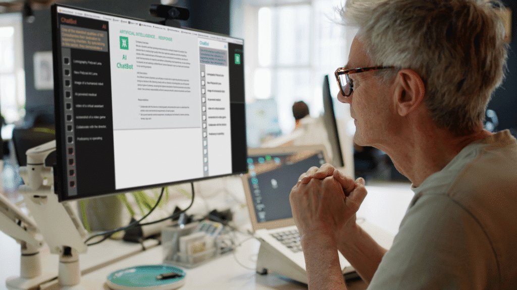 A side view of a middle-aged man sitting at his work desk looking at a monitor screen with an AI ChatBot page open.