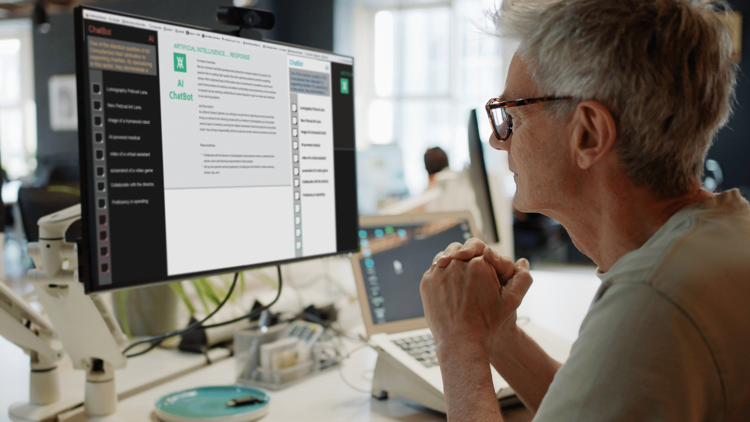 A side view of a middle-aged man sitting at his work desk looking at a monitor screen with an AI ChatBot page open.