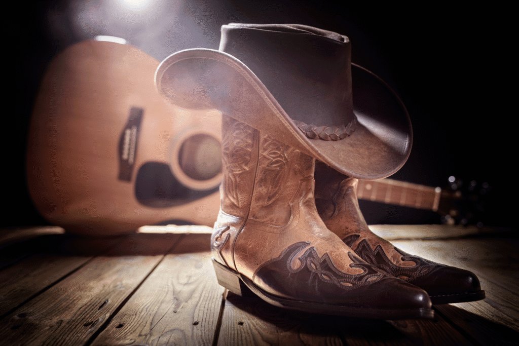 A picture of cowboy boots with a cowboy hat on top is at the forefront, and a guitar is in the background on a wooden floor. The background is dark and a light shines from the top left, illuminating the objects.