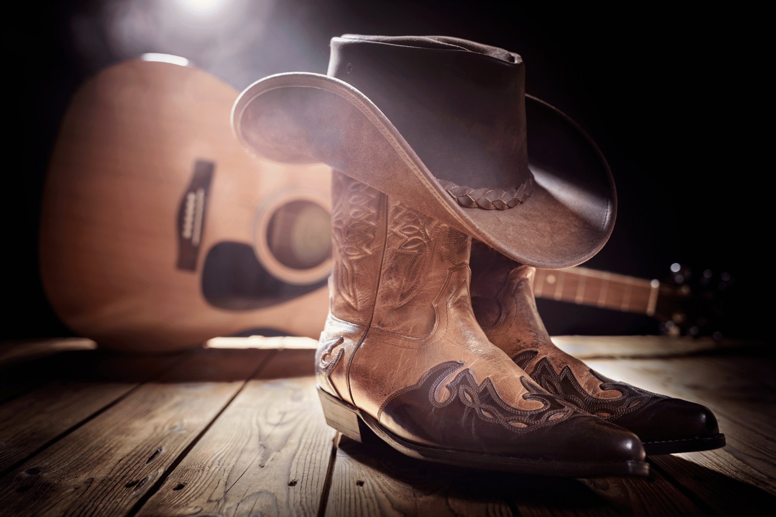 A picture of cowboy boots with a cowboy hat on top is at the forefront, and a guitar is in the background on a wooden floor. The background is dark and a light shines from the top left, illuminating the objects.