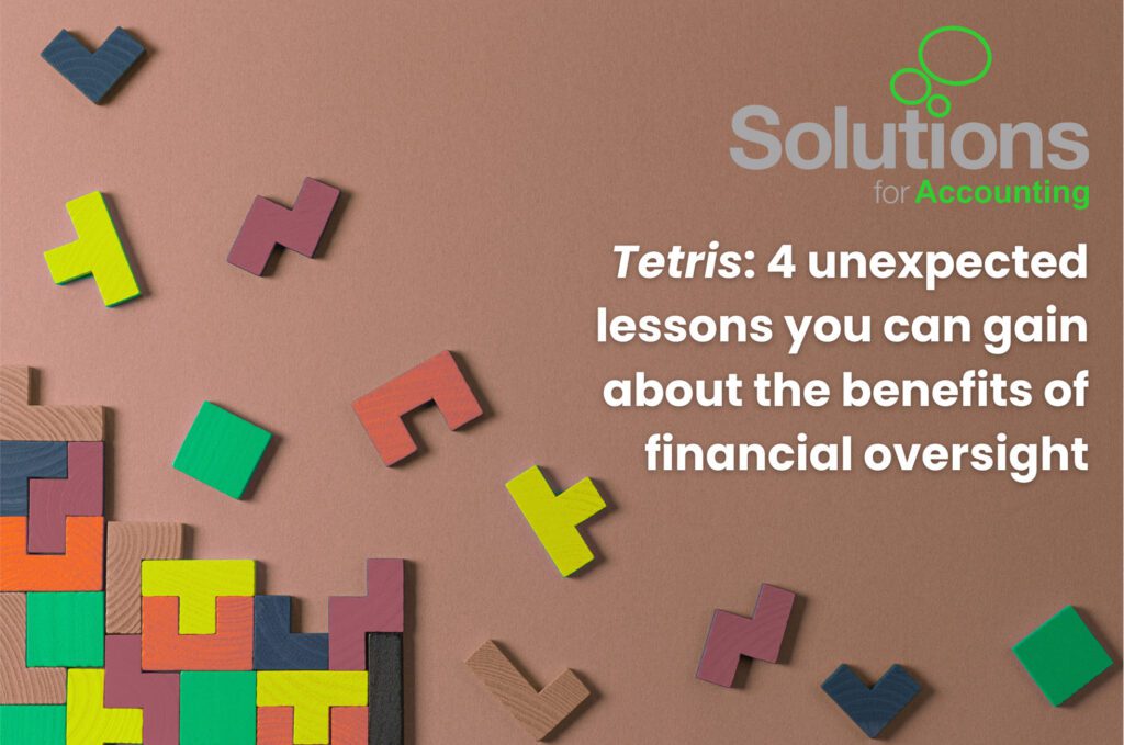 Graphic for our Construction email campaign that shows Tetris style blocks falling and stacking in the lower left corner. The words 'Tetris: 4 unexpected lessons you can gain about the benefits of financial oversight' are visible in the top right