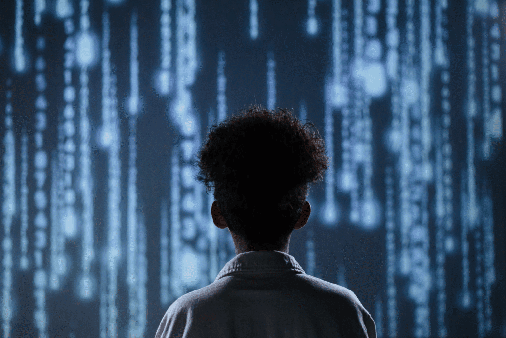 A man in a white shirt with dark curly hair has his back turned. He is facing a glowing wall of blue lights seemingly depicting computer code or AI software routines.