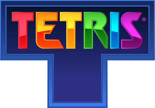 The Tetris logo, with the colourful letters being held within a large blue T-shaped object