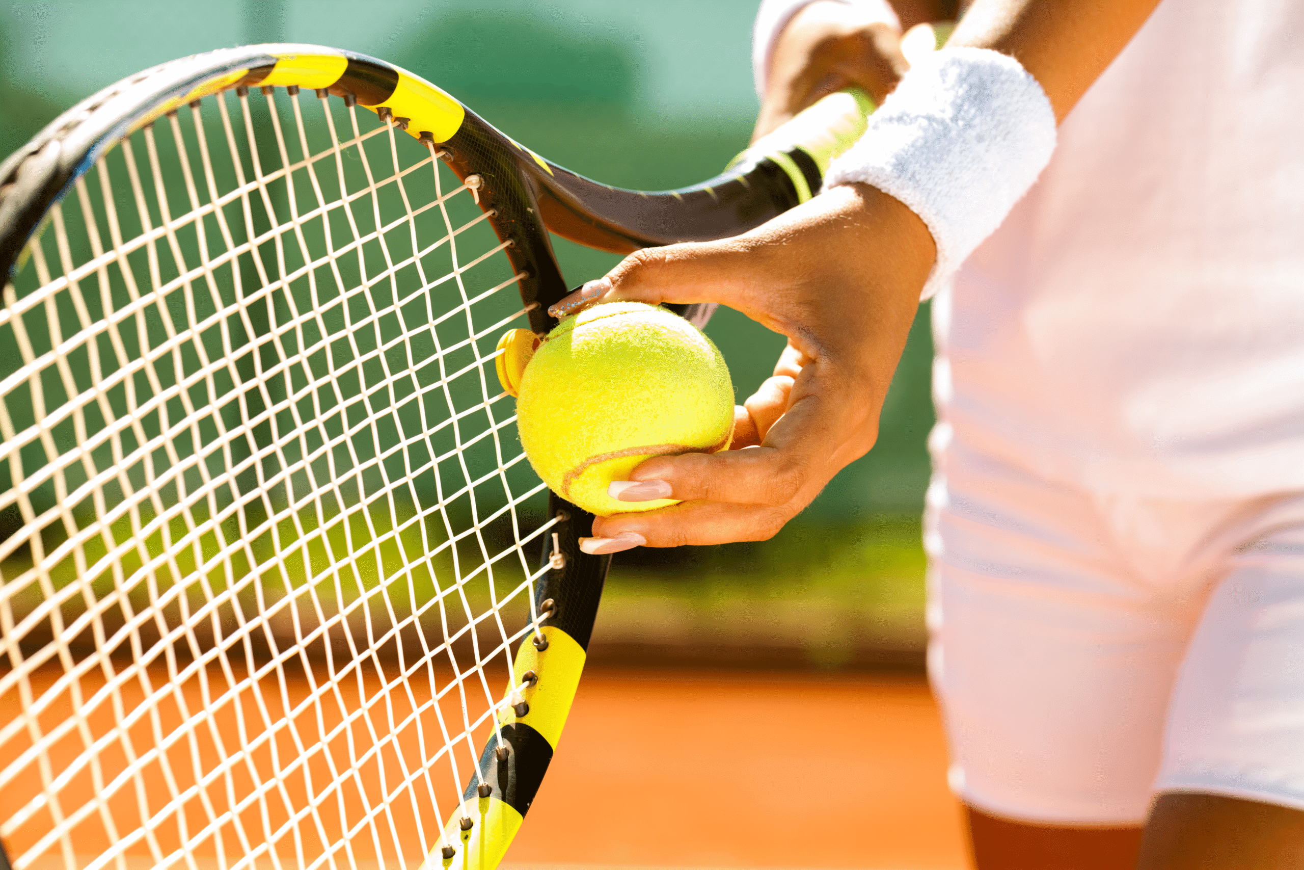 A close-up of a woman holding a tennis racket, getting ready to serve and positioning the ball.