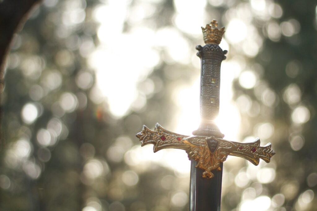 Decorative hilt of a sword sticking in the ground in a forest scene with heavy bokeh behind